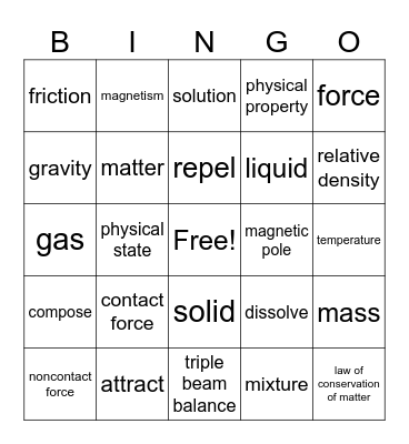 Matter and Forces Bingo Card