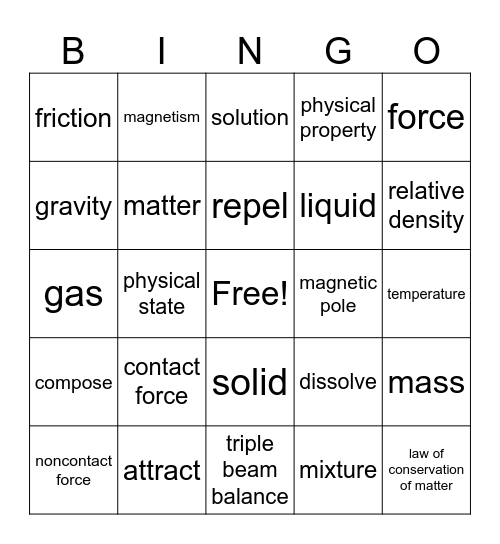 Matter and Forces Bingo Card