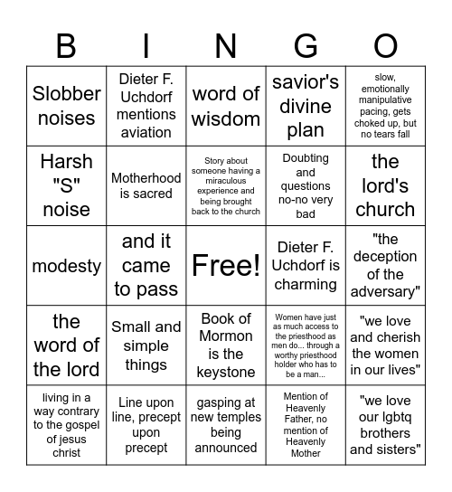 General Conference Ex-Mo Bingo Card