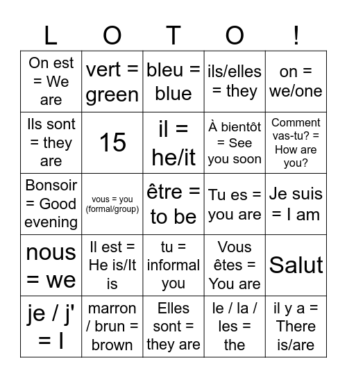 6. être / articles / il y a / couleurs / salutations Bingo Card