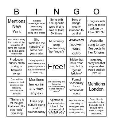 Taylor Swift Album Bingo Card