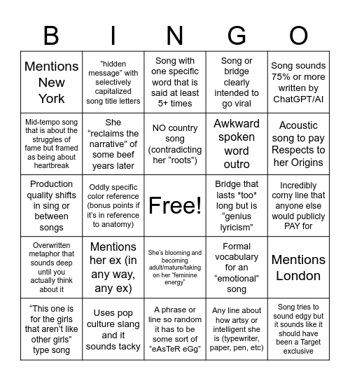 Taylor Swift Album Bingo Card