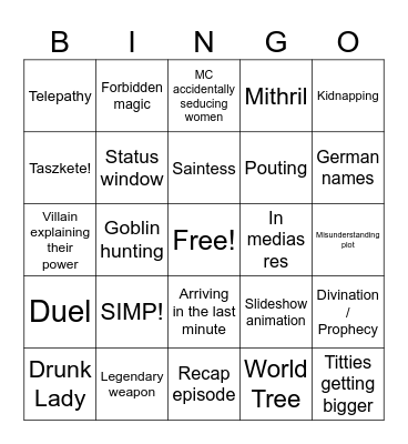 Anime Bingo Card