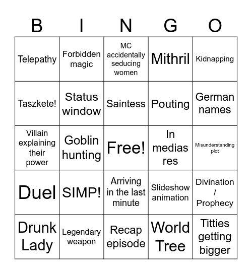 Anime Bingo Card