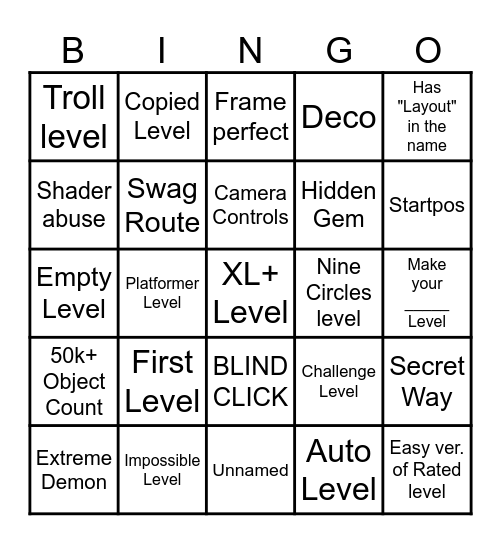 Geometry Dash 2.2 Recent Tab Bingo Card