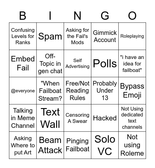 Failboat Rank 0 Bingo Card