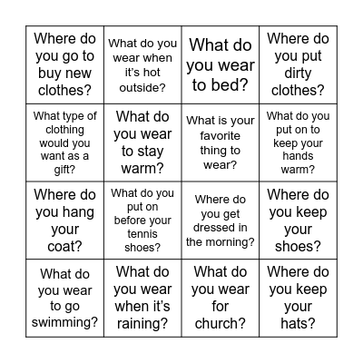 Clothes Bingo Card