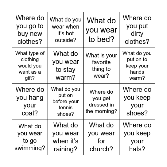 Clothes Bingo Card