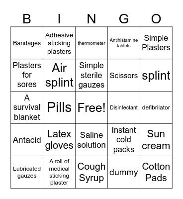First Aid equipment Bingo Card
