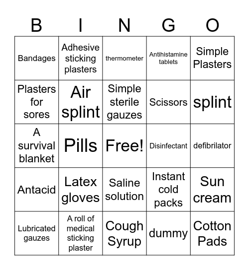 First Aid equipment Bingo Card