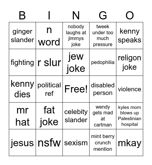 south park bingo Card