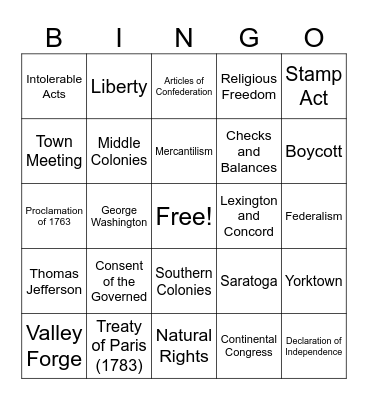 US I Bingo Card