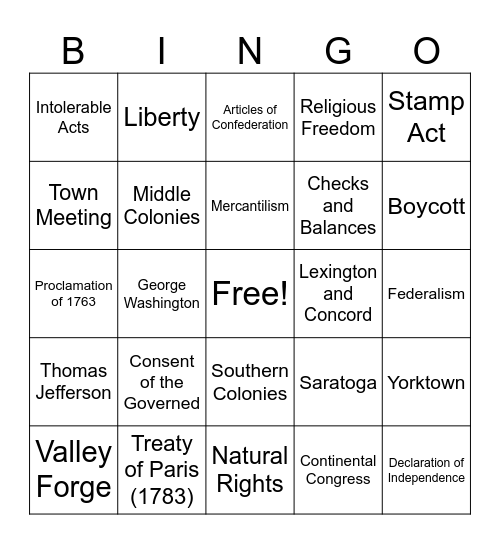 US I Bingo Card