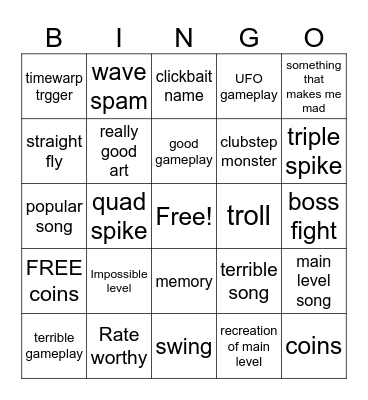 Geometry dash Recent Tab Bingo Card