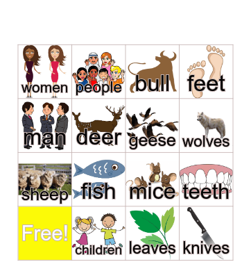 Irregular plural nouns Bingo Card