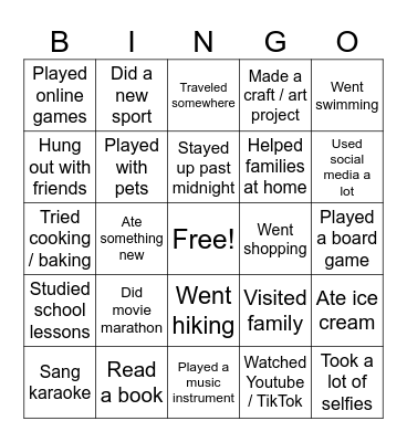 Bingo: Find someone who did this during midterm break Bingo Card