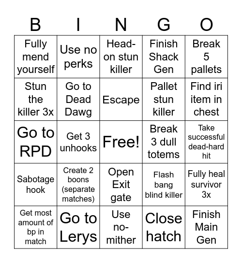 Dbd Season 12 Bingo Card