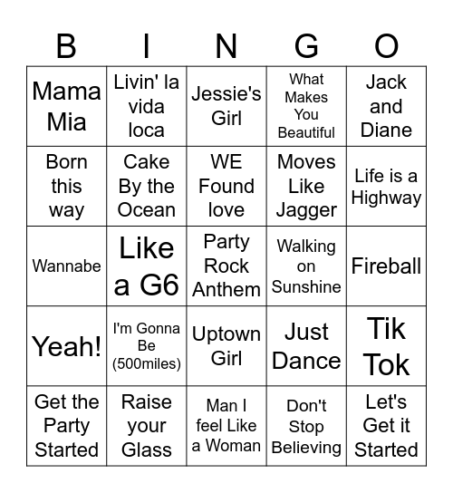 Party Songs Bingo Card