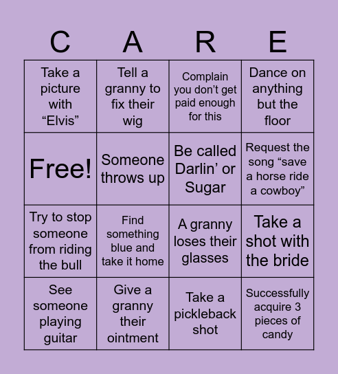 Granny’s Care Giver Bingo Card