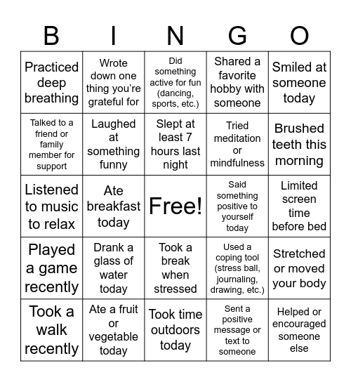 Wellness Bingo! Bingo Card