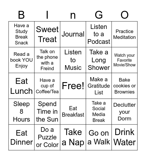 Self Care Bingo Card