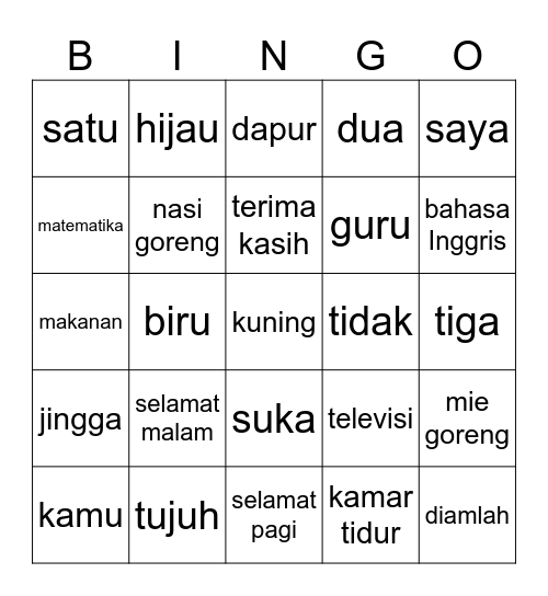 Year 7 Indonesian Revision Bingo Card