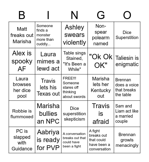 Critical Role C4 Bingo Card