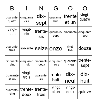 French numbers 11-60 Bingo Card