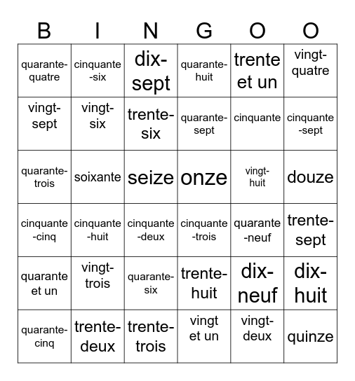 French numbers 11-60 Bingo Card