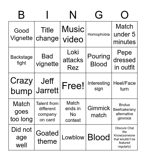 QQTs Raw/Nitro/ECW Watchalong Bingo Card