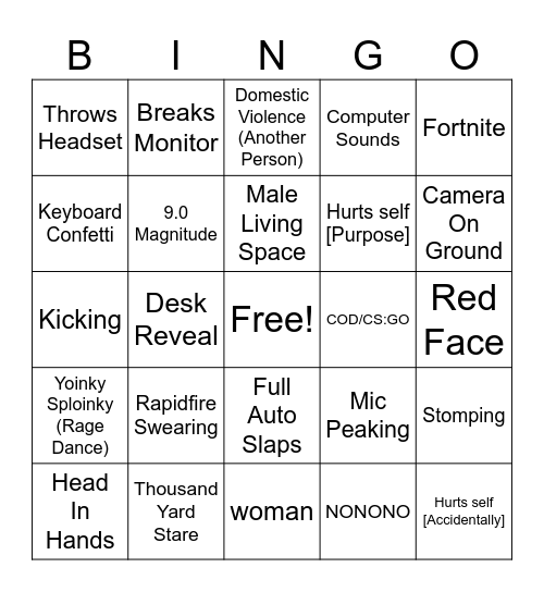 GAMER RAGE Bingo Card
