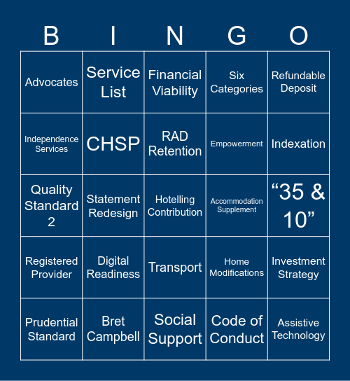 Aged Care System - Future State Bingo Card