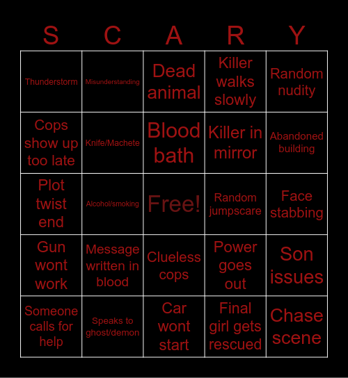 Horror movie bingo Card