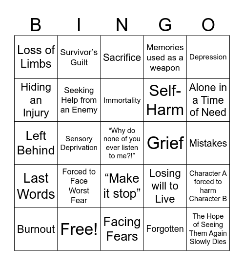 Angst Prompt Bingo Card