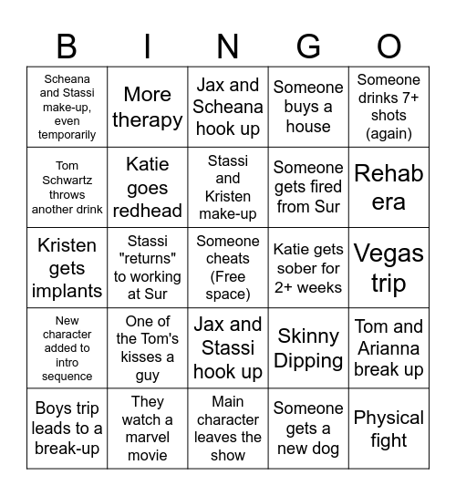 Vanderpump Bingo Card