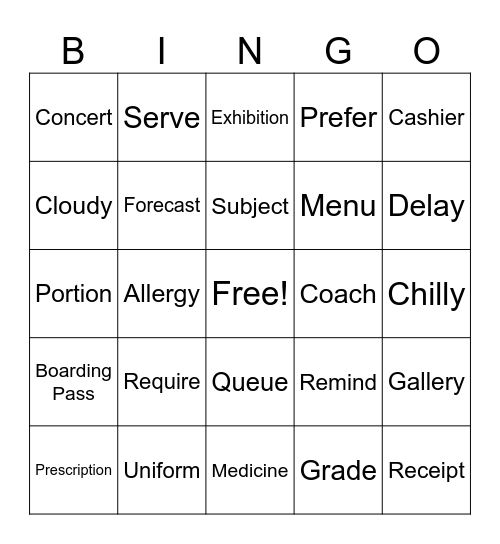 PET Vocabulary Bingo Card
