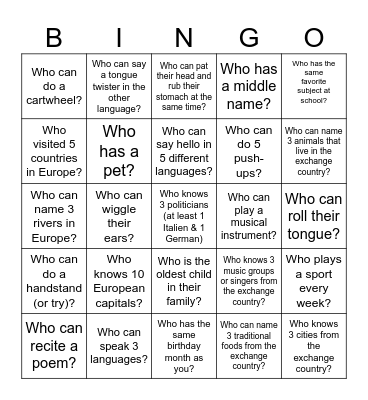 Exchange Bingo Card