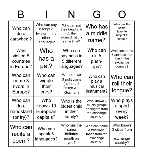 Exchange Bingo Card