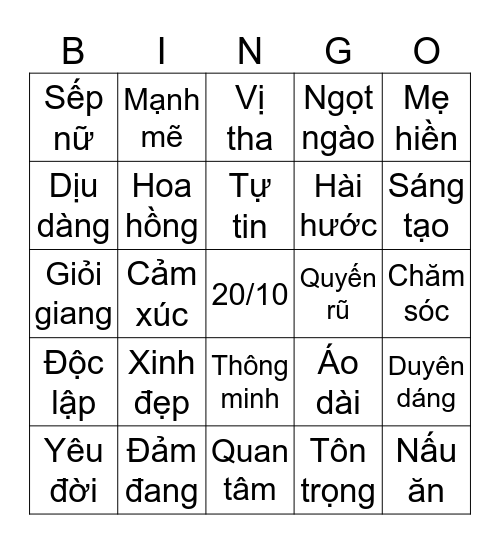 20/10 - Chủ đề Phụ Nữ Bingo Card