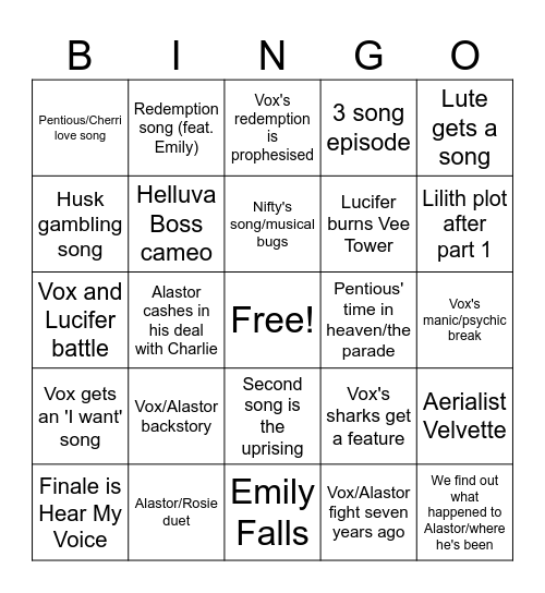 Hazbin Hotel S2 bingo Card