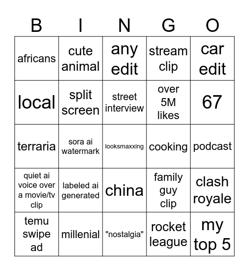 tiktok bingo Card