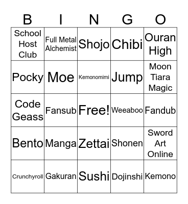 Anime Bingo Card