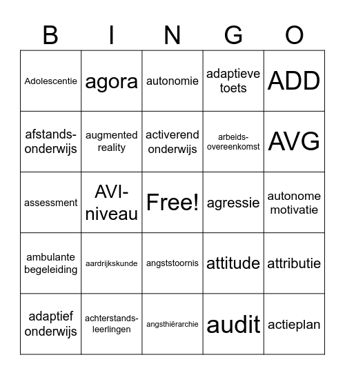 onderwijstermen met een a Bingo Card