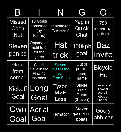 Rocket League Bingo Card