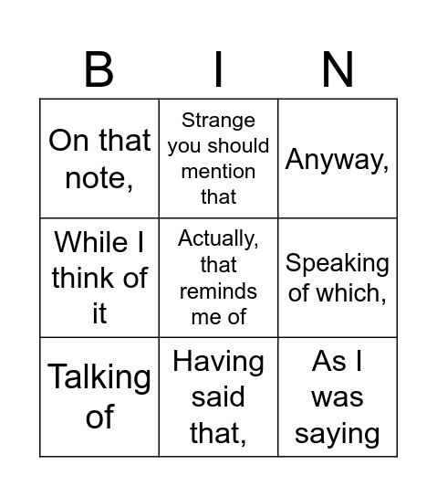 Developing & Introducing Topics Bingo Card