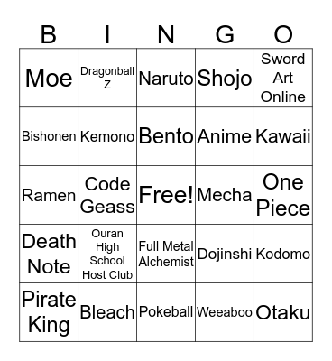 Anime Bingo Card