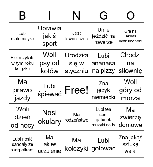 ZNAJDŹ OSOBĘ KTÓRA: Bingo Card