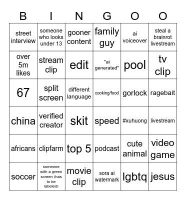 shorts bingo 1 Bingo Card