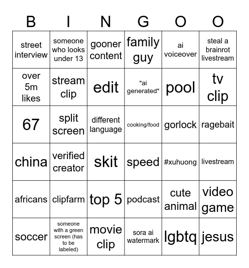 shorts bingo 1 Bingo Card