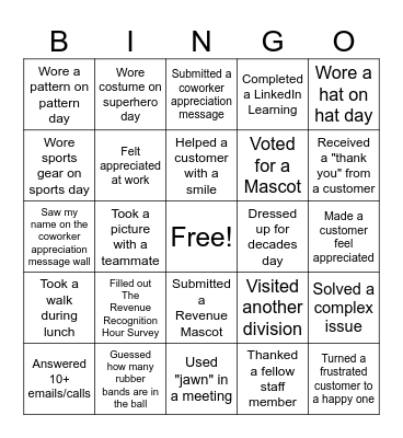 Revenue Customer Service Appreciation Week Bingo Card